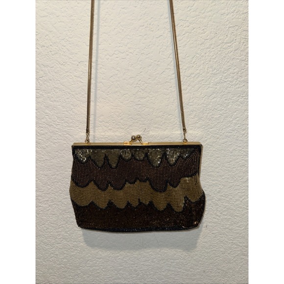 Vintage Heavily Beaded Clutch Evening Bag Handbag Purse Kiss lock Gold Multi Euc - Picture 10 of 13